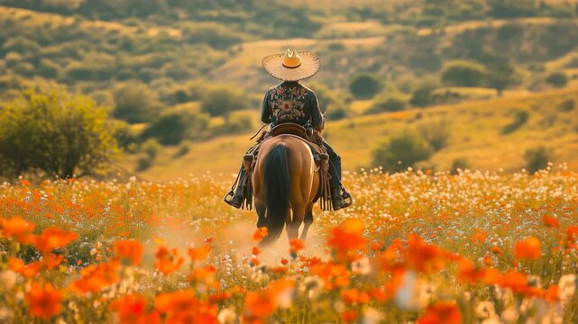 Traditional ranchero in an embroidered charro outfit rides in golden countryside with wildflowers at sunset, embodying spirit of heritage, freedom, equestrian culture. Video made using Generative AI