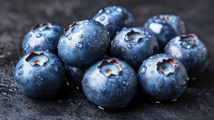 Fresh blueberries with water droplets on dark surface close-up
