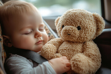 Adorable Baby Sitting Sleeping Comfortably In Car Seat, Generative AI
