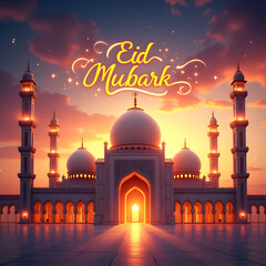 Eid Majesty Vibrant Calligraphy and Illuminated Mosque