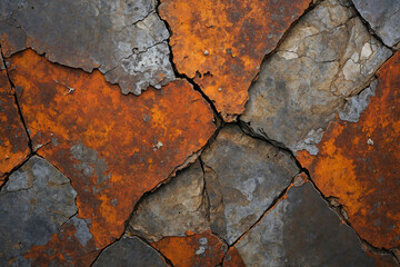 gritty rock surface fused with rusted metal, featuring deep oranges, browns, and grays, with a corroded, industrial feel