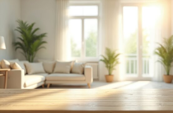 Blurred living room interior with morning sunlight streaming through big window. White bright tone indoor background features sofa, plants, wooden table. Modern comfortable apartment lounge with