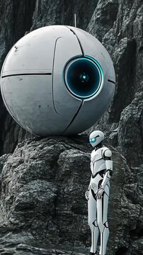 Futuristic robot by a large sphere on a rocky outcrop. Potential use science fiction, technology, or fantasy illustration