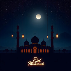 Eid Peace Moon, Stars, and Sacred Mosque.