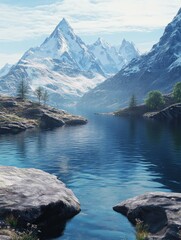 Mountain river winding through serene mountains with clear blue waters and lush greenery in daytime