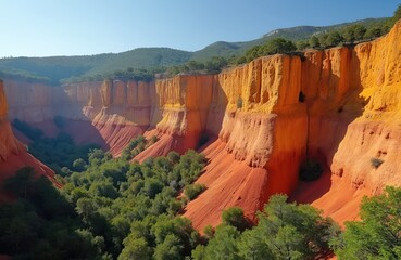 Former colorful ochre quarries of Apt valley in Vaucluse region, France. Provencal geologic landmark with rich coloration. Natural park, pine trees, vegetation, red sand canyon, mountains landscape.