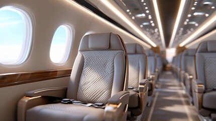 Luxury private jet interior, spacious cabin