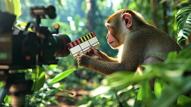 A monkey holds a clapperboard in a vibrant jungle while a camera captures the scene