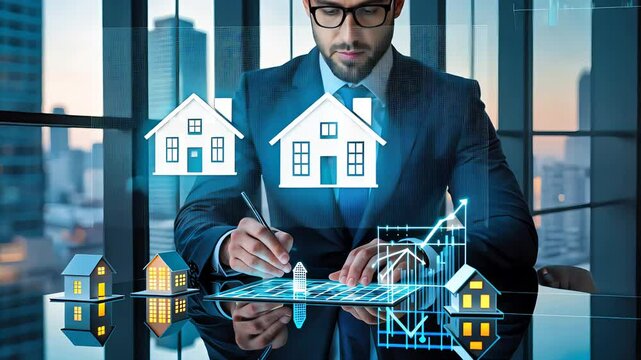 Real estate agent analyzing property investment data with digital house holograms
