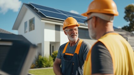 Engineers wearing safety gear discussing solar panel installation on residential rooftop, representing clean energy collaboration and sustainable building practices