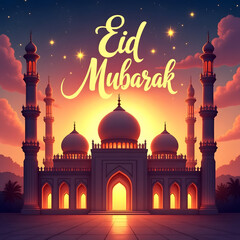 Serene Eid Majestic Mosque and Sunset Blessings.