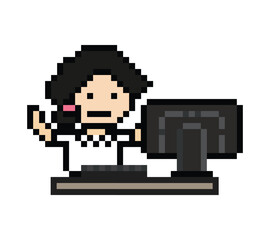 Fototapeta premium Cartoon cute pixel cartoon 8bit character business woman office smart work game for decoration business 8 bit female lady teacher businesswoman career smart character game 8bit png vector.