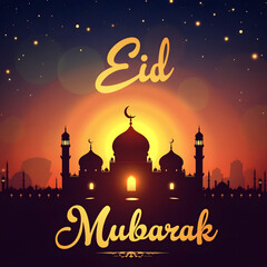 Sacred Sunset Eid Mubarak with Mosque Elegance.