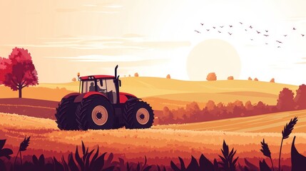 Obraz premium A red tractor is driving in the golden countryside field