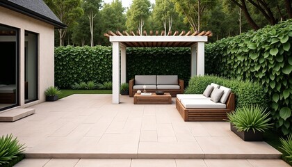 Modern patio with comfortable seating and lush greenery