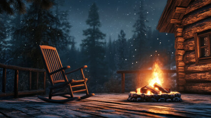 A cozy log cabin scene, a wooden rocking chair in front of a glowing fire pit, set under a vast starry night