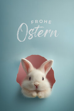 Ein flauschiges wei&szlig;es Kaninchen, das verspielt durch einen zerrissenen Pastell papier hintergrund lugt, weiche Felltextur, Frohe Ostern, Osterhase, Hase