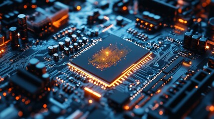 Obraz premium Cyber AI chip embedded in advanced supercomputer.