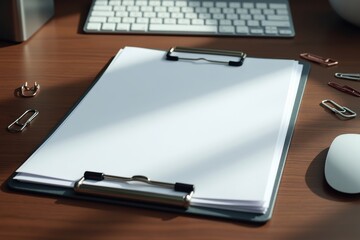 Clipboard rests on a wooden desk with supplies