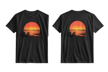 Black t-shirt featuring sunset design with palm trees and ocean waves in a vibrant color scheme