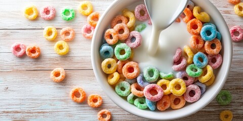 Breakfast cereal in white bowl with milk splash