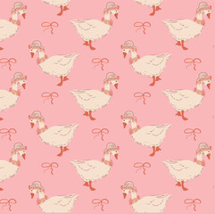 Summer seamless pattern with cute hand drawn geese in hat and coquettish bows on pink background. Funny goose with tied flirty bow. Print for fabric, wallpaper or wrapping paper. Vector illustration