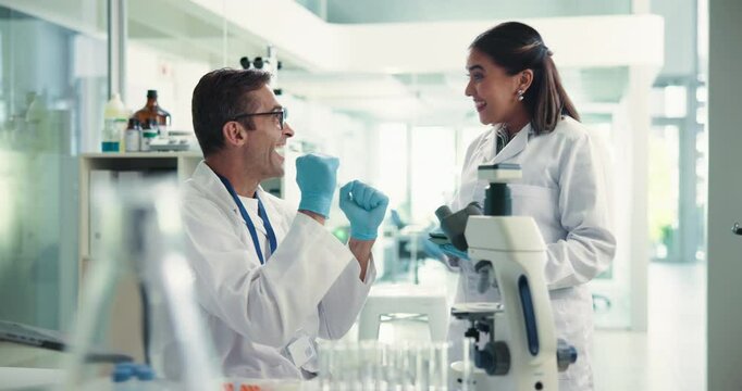 High five, partnership and team of scientists in laboratory for pharmaceutical discovery, test or experiment. Science, technology and biomedical engineers with celebration for vaccine innovation.