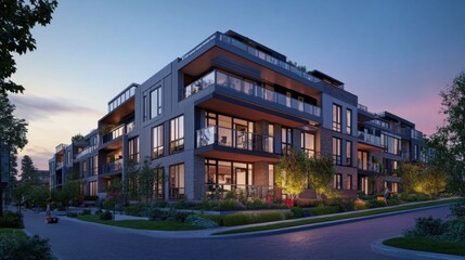 Fototapeta premium Design a luxurious, nature-integrated residential condominium. a urban street with commercial buildings at the base and residential units above, along with vibrant community sports and leisure areas.