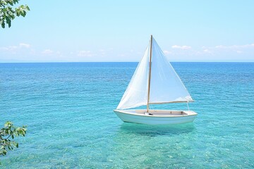 Obraz premium Small White Sailboat on Calm Turquoise Water