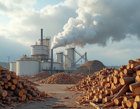 Wood processing facility with piles of logs, woodchips in foreground, industrial tanks emitting smoke in background against cloudy sky. Timber industry, lumber production, sustainable resource,