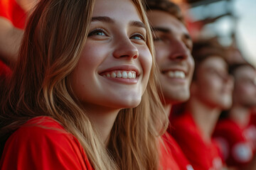 Fototapeta premium Generative AI image of excited sports fan supporting celebrating victory stadium during intense match day