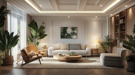 Fototapeta premium Modern Scandinavian home interior design characterized by an elegant living room featuring a comfortable sofa, mid century furniture, cozy carpet, wooden floor, white walls, and home plants