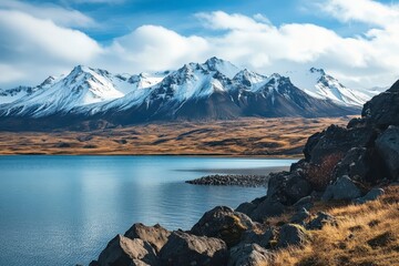 Snow Capped Mountains Reflecting in a Calm Lake
