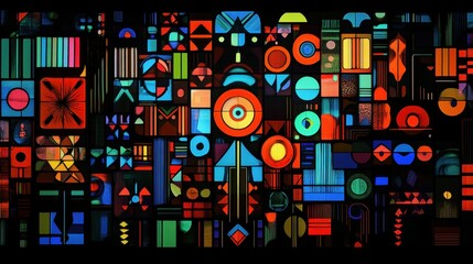 Obraz premium Abstract design featuring colorful geometric shapes on a dark background, suitable for digital projects.