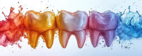 Colorful teeth models splashing in vibrant water with radiant lighting