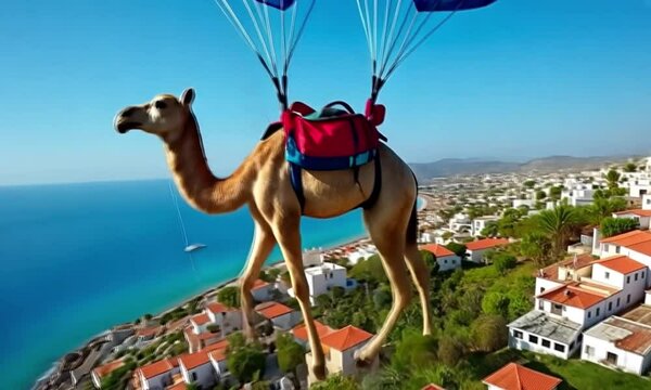 On the right, a happy camel flies on a blue parachute above the shore near the blue sea against the backdrop of the blue sky