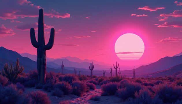 Desert landscape at twilight with saguaro cacti under vivid pink sky. Setting sun casts warm glow desert ground, mountains. Tranquil serene nature scenery, arid wilderness. Vibrant dusk illustration