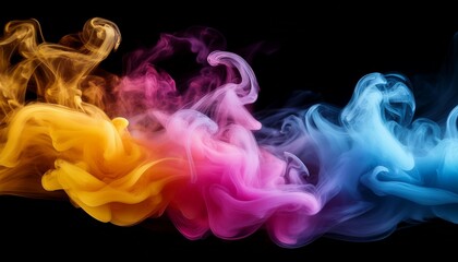 multicolored smoke of blue yellow and pink colors isolated on transparent background