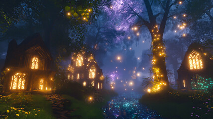 A hidden tribe of forest spirits with glowing eyes, moving silently through the misty, shadowy woods.