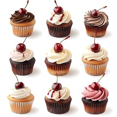 Cupcakes with cherries on top, arranged in a tempting collection for a sweet treat The cupcakes are isolated on white background