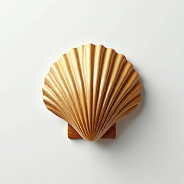 Gold seashell on light wooden stand isolated against white background in flat lay arrangement. Marine theme decoration object. Luxury style shell art design. Seashell from ocean, beach.