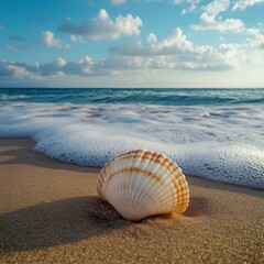 Beautiful seashell resting on the sandy beach with gentle waves rolling in under a cloudy sky during sunset