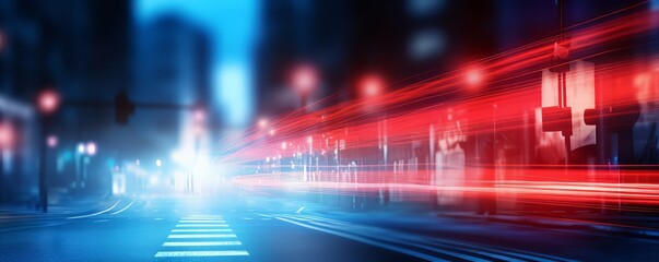 Obraz premium background Blue neon light illuminates red street traffic light trails tail lights at a bustling intersection With copyspace