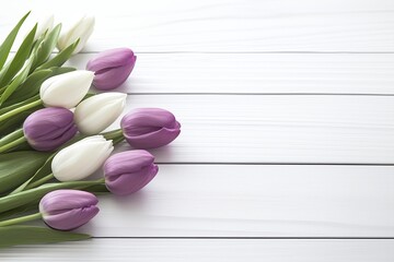 Fototapeta premium Bouquet of White and Purple Tulips on a White Wooden Background for Spring and Easter Celebrations