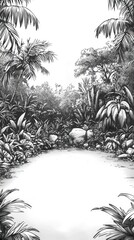Jungle clearing. Lush plants in a grayscale landscape. A perfect background, wallpaper, or illustration