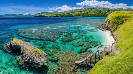 Tropical island beach panorama with wooden walkway and coral reef