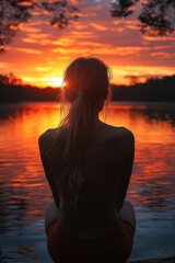 Fototapeta premium Woman silhouetted against fiery sunset, lake reflection.