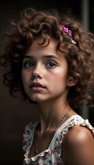 Fototapeta premium Portrait of a young girl with curly hair and floral dress