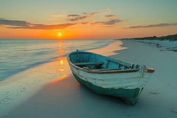 Obraz premium Weathered boat rests on serene sunset beach