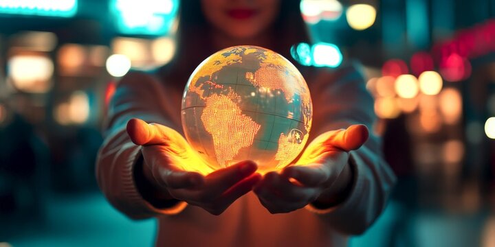 A person holds a glowing globe symbolizing the world in their hands. The image conveys a sense of responsibility and interconnectedness. It is ideal for environmental and global themes. AI